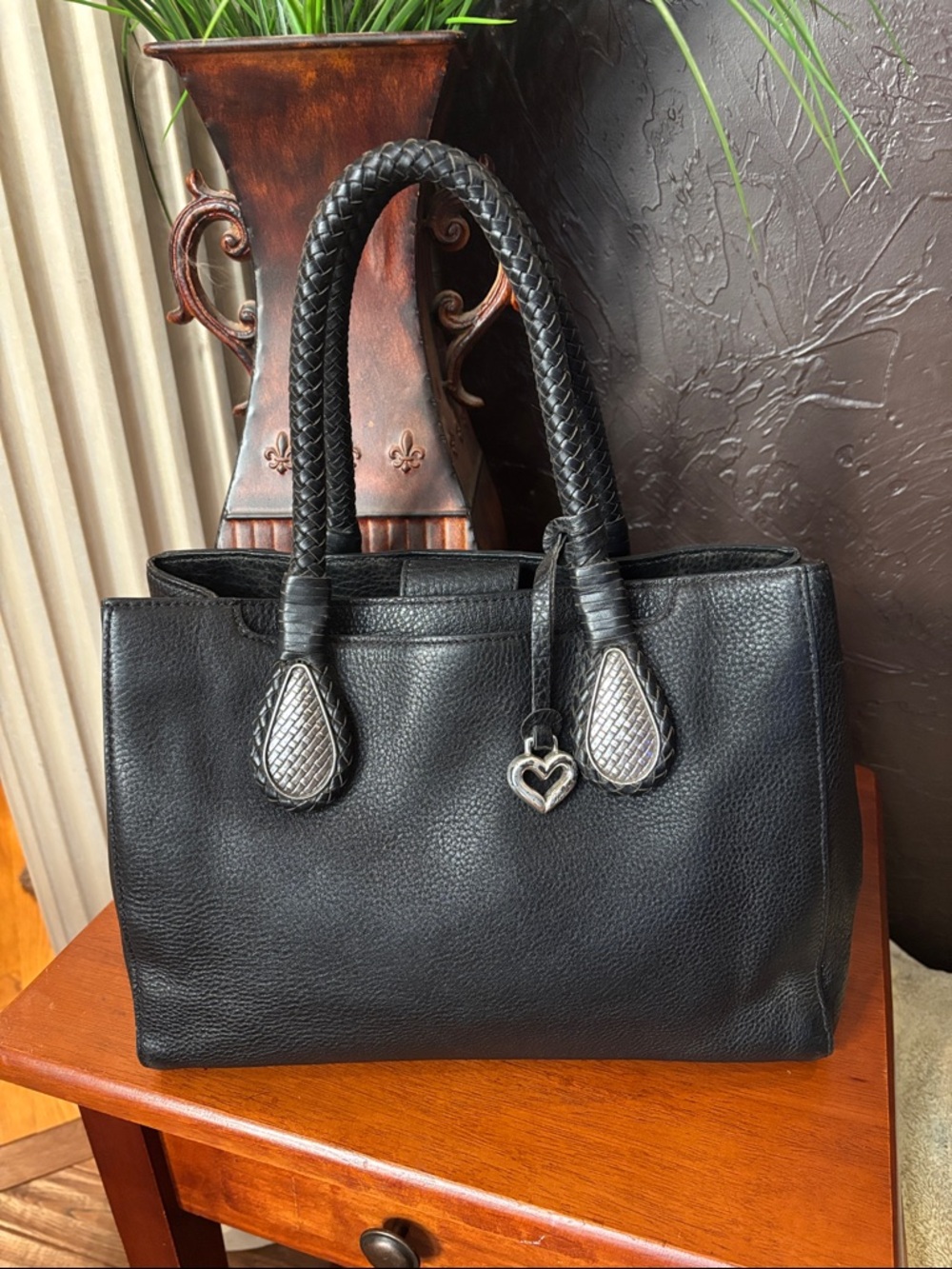 Brighton Black Pebbled Leather Tote Braided Handles Silver Heart Charm EUC